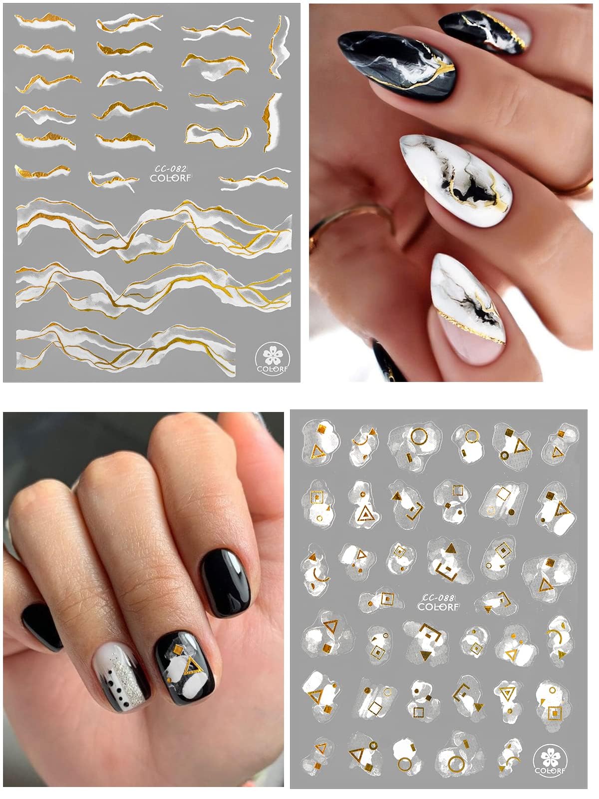 12 Sheets Nail Art Stickers Decals,Torokom Self-Adhesive White Black Gold Stripe Line Nail Decals Marble Wave Nail Sticker Suppl