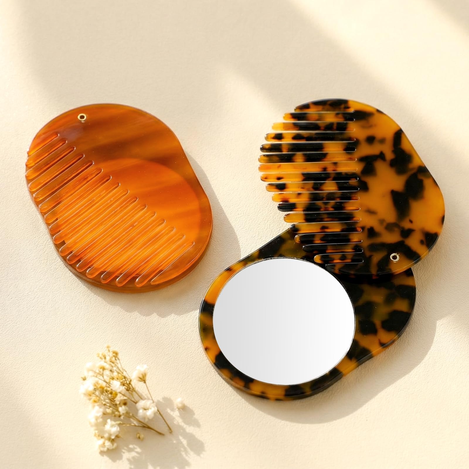 Novabright 2 Pcs Tortoise Shell Combs with Mirror Mini Portable Folding Hair Comb Travel Compact Pocket Acetate Brush for All Ha