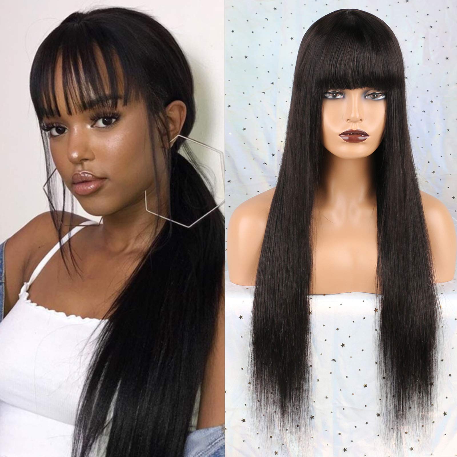 huarisi Brazilian Straight Wig Human Hair Glueless Machine Made Wig with Bangs for Women Free Part Natural Color 24 Inch