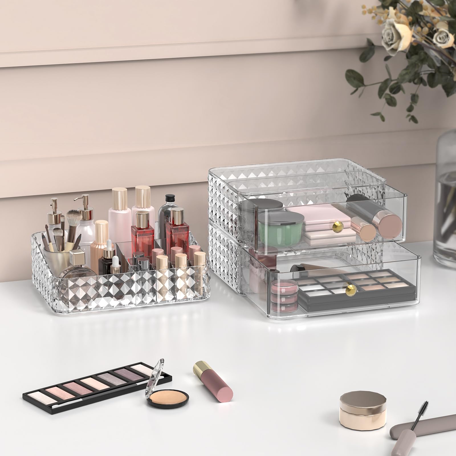 Rosoenvi Makeup Organizer for Vanity, Stackable Cosmetics Organizer and Storage, Cosmetic Display Cases with 2 Drawers and 1 Tra