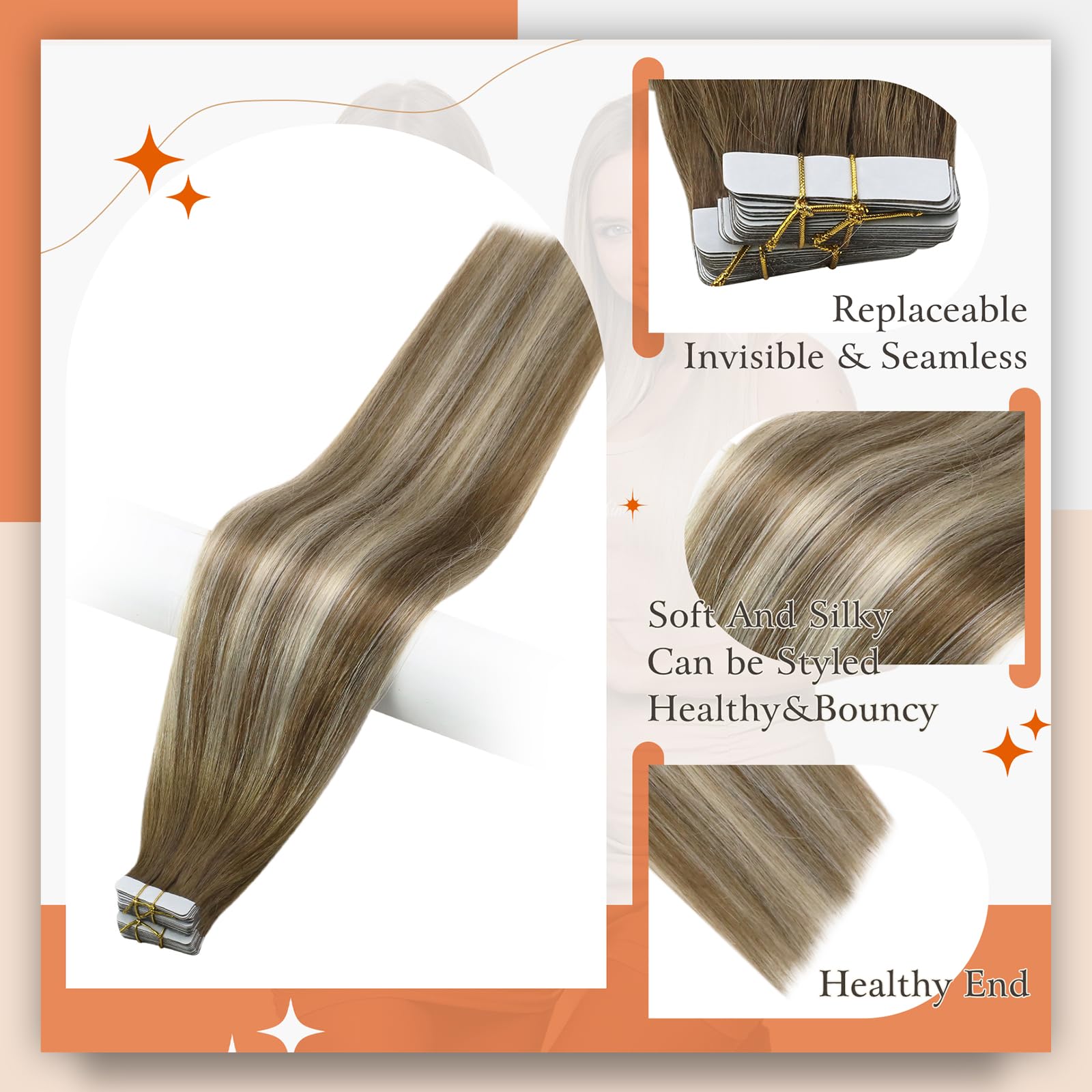 Full Shine Ombre Tape In Hair Extensions Human Hair 12 Inch Blonde Seamless Tape In Extensions 6/60/6 Brown Ombre To Blonde High