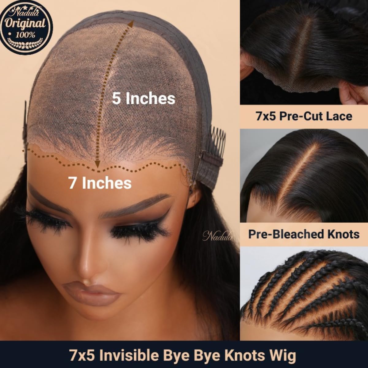 Nadula Glueless 7x5 HD Lace Front Wig - Yaki Straight Human Hair, 14 Inch, 180% Density, Pre Plucked, No Glue, Bye Bye Knots