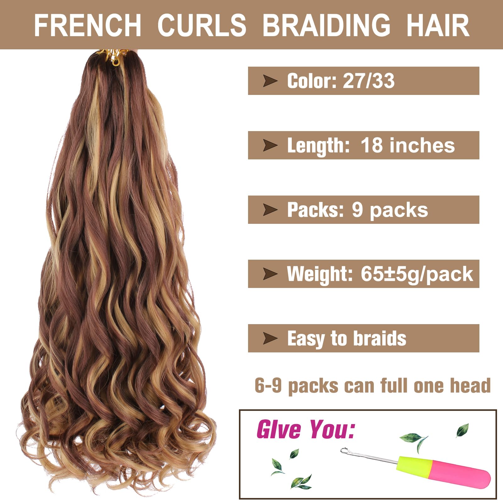 COOKOO 18 Inch French Curls Braiding Hair for Crochet Box Braids with Curly Ends 9 Packs Loose Curly Braids Extention Spanish Cu