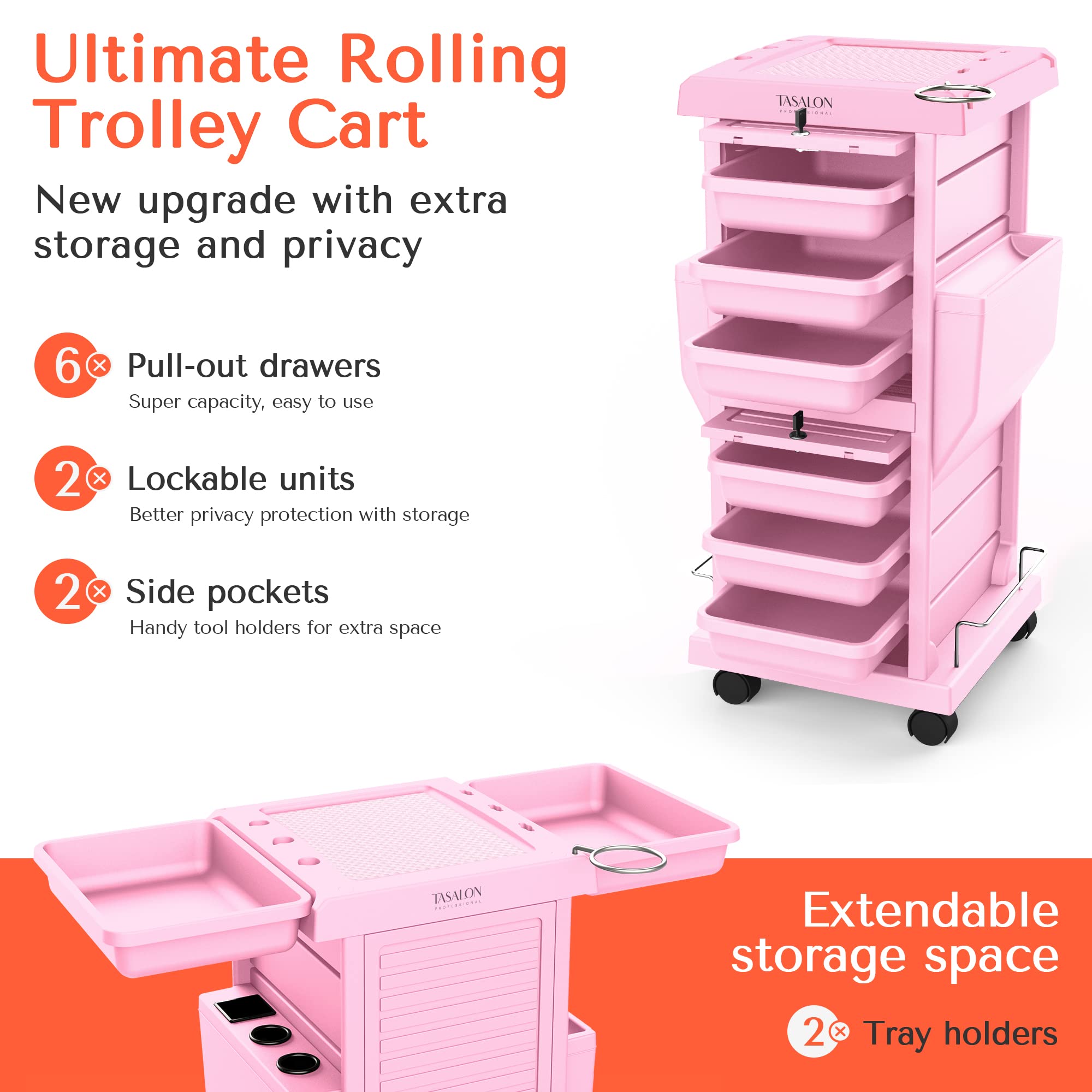 Tasalon Ultimate Rolling Cart For Salon Stations - Space Saving, Lockable 6 Tray Salon Trolley With 2 Tray Holders - Hair Beauty