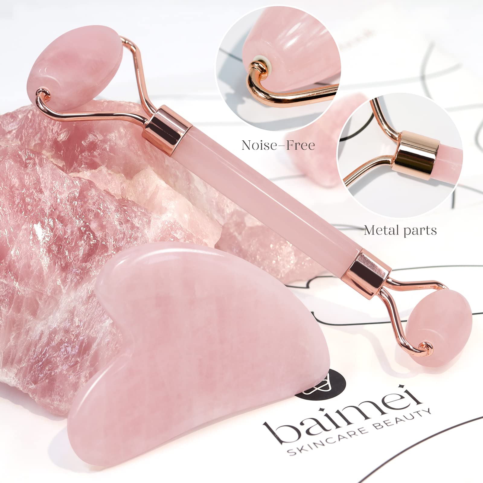 BAIMEI Jade Roller & Gua Sha Set - Pink Face Roller for Redness Reduction, Fine Lines Relief - 2 Piece Skin Care Tools for Men & Women