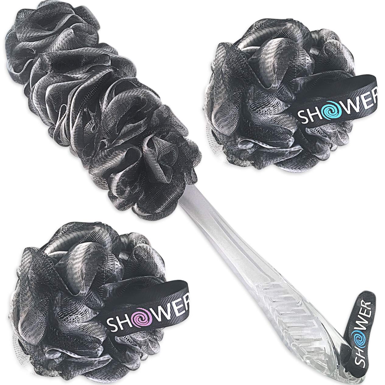 Loofah-Charcoal Back-Scrubber  Bath-Sponges By Shower Bouquet: 1 Long-Handle-Back-Brush Plus 2 Extra Large 75G Soft Mesh Poufs,