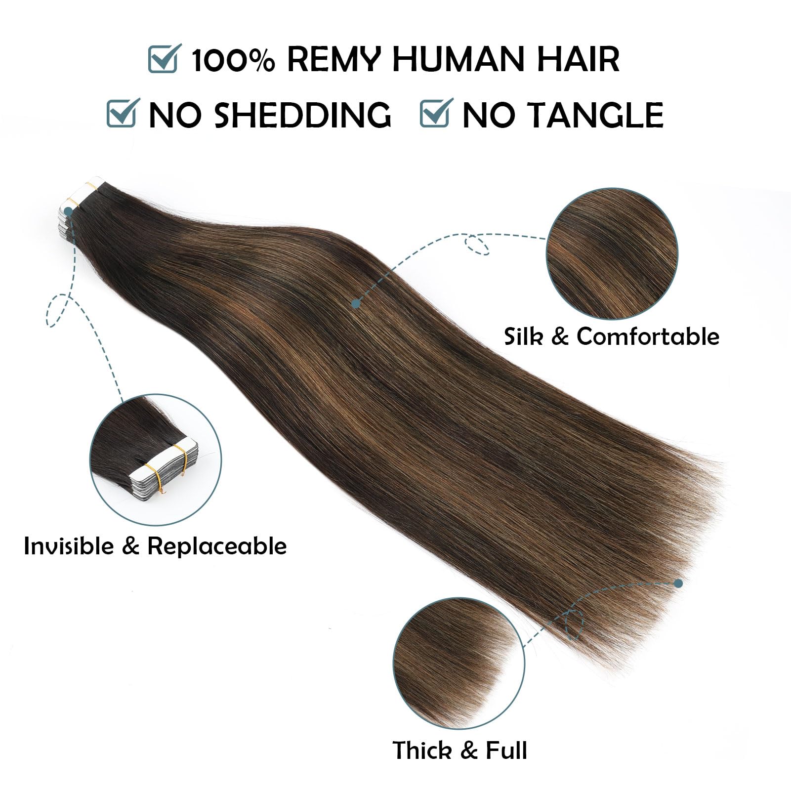Sassina 14 Inch Invisible Double Sided Reusable Human Hair Tape In Extensions Dark Brown To Chestnut Brown Thick Skin Weft Remy