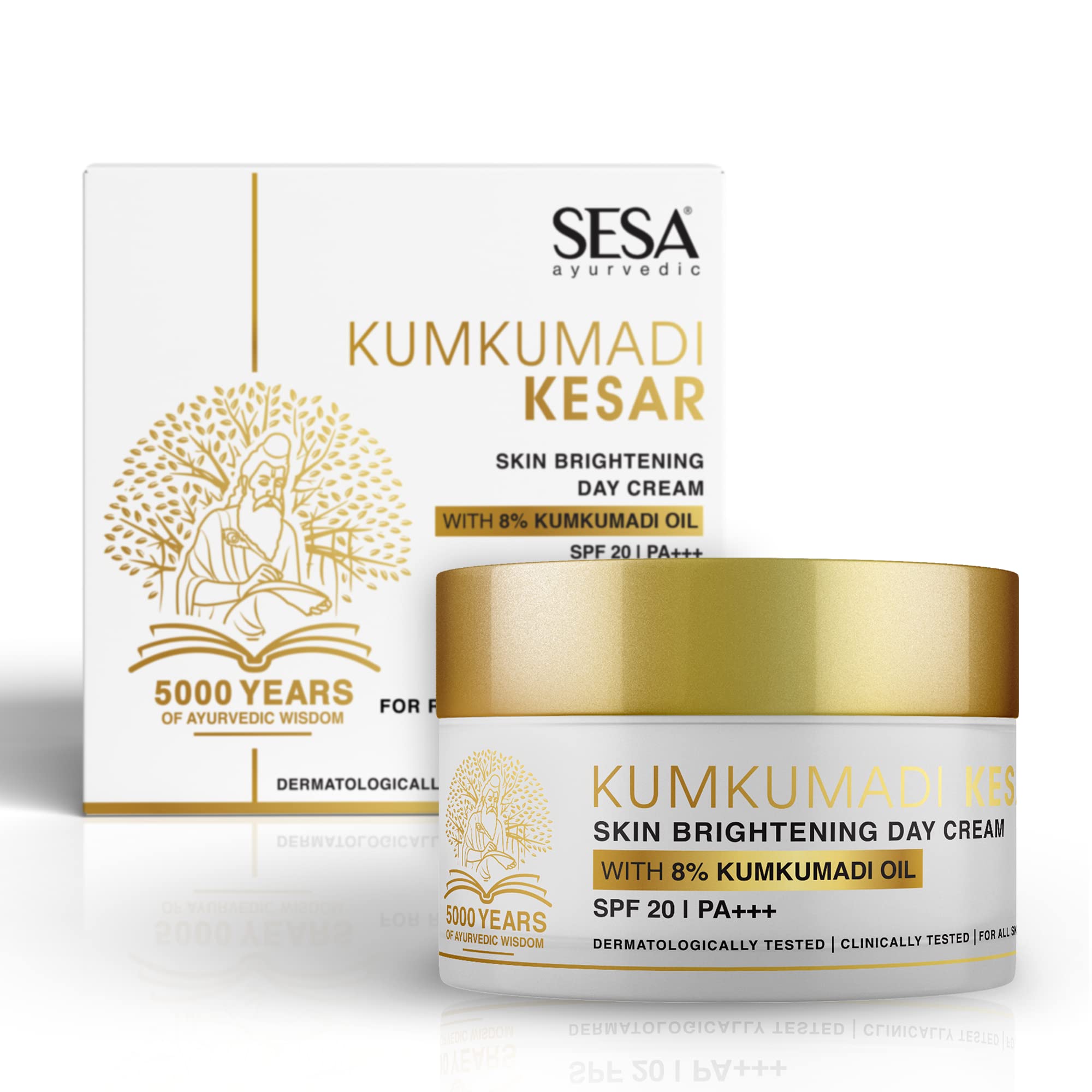 SESA 8% Kumkumadi Kesar Day Cream 50g SPF 20 & PA++ Skin Brightening Ayurvedic Face Moisturizer Face Cream Protection from Sun D