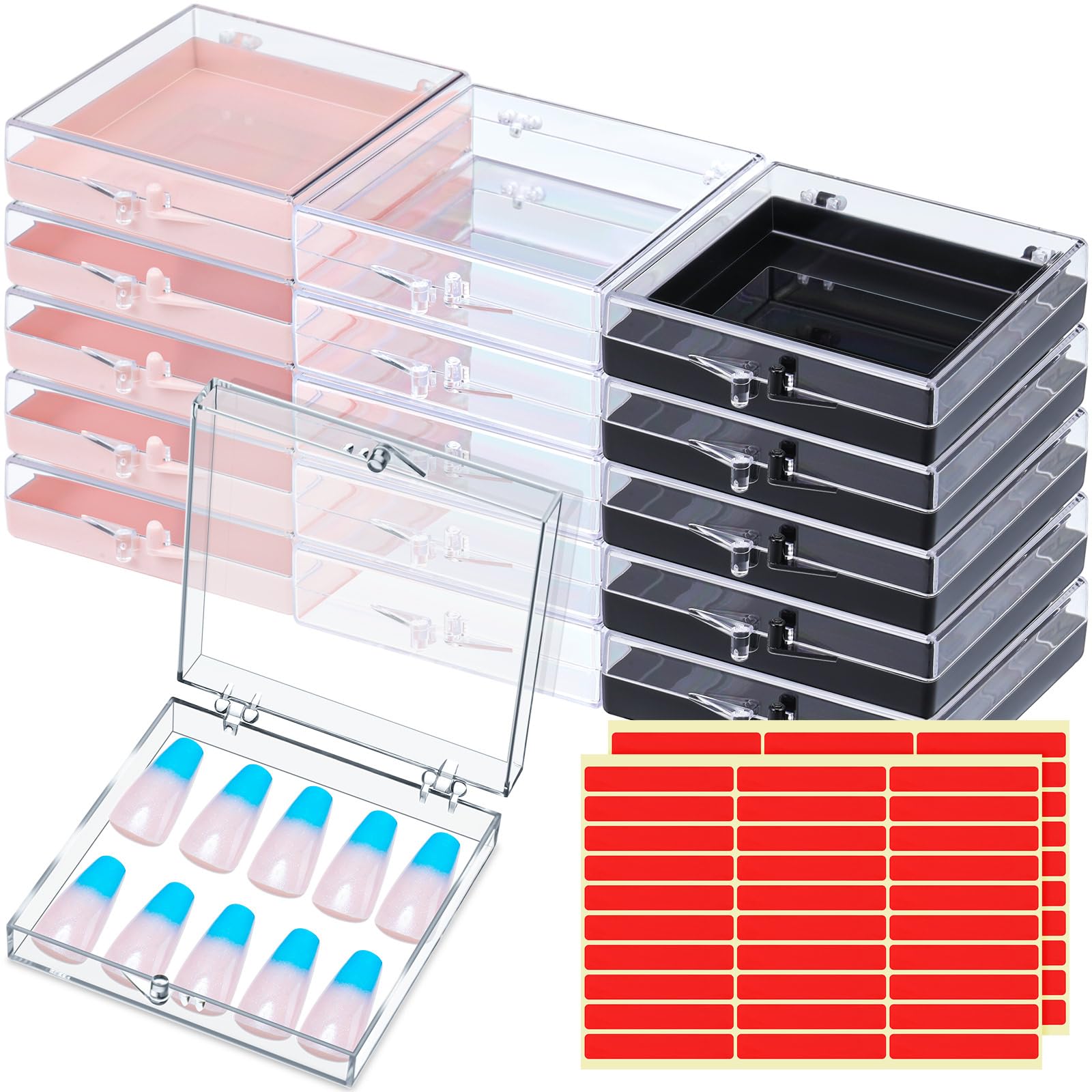 Landhoow 15 Pcs Press On Nail Boxes Nail Display Case With 30 Adhesive Tape Press On Nail Packaging Artificial Press On Nail Con