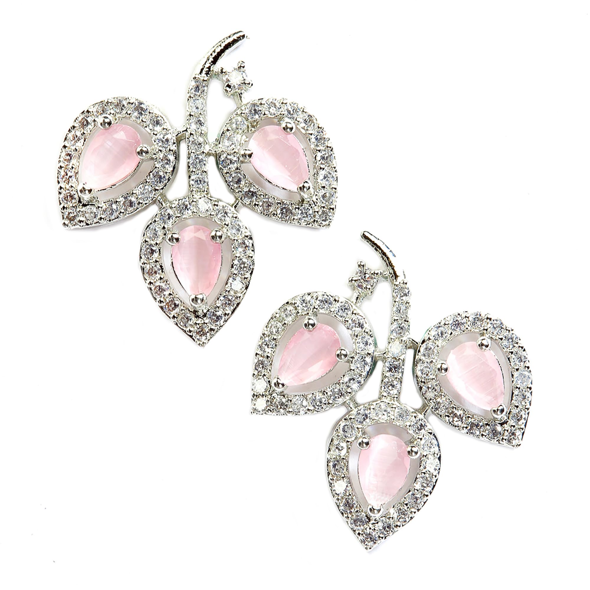 Zeneme Leaf Shaped Rhodium Plated American Diamond Stud Earring For Women And Girls (Pink)