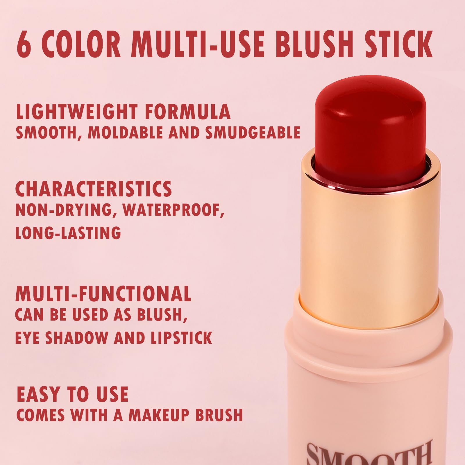 Multi-Use Blush Stick, Monochromatic Face Beauty Wand For Cheek, Eyeshadow And Lip, Longwear Waterproof Matte Finish Cream Blush