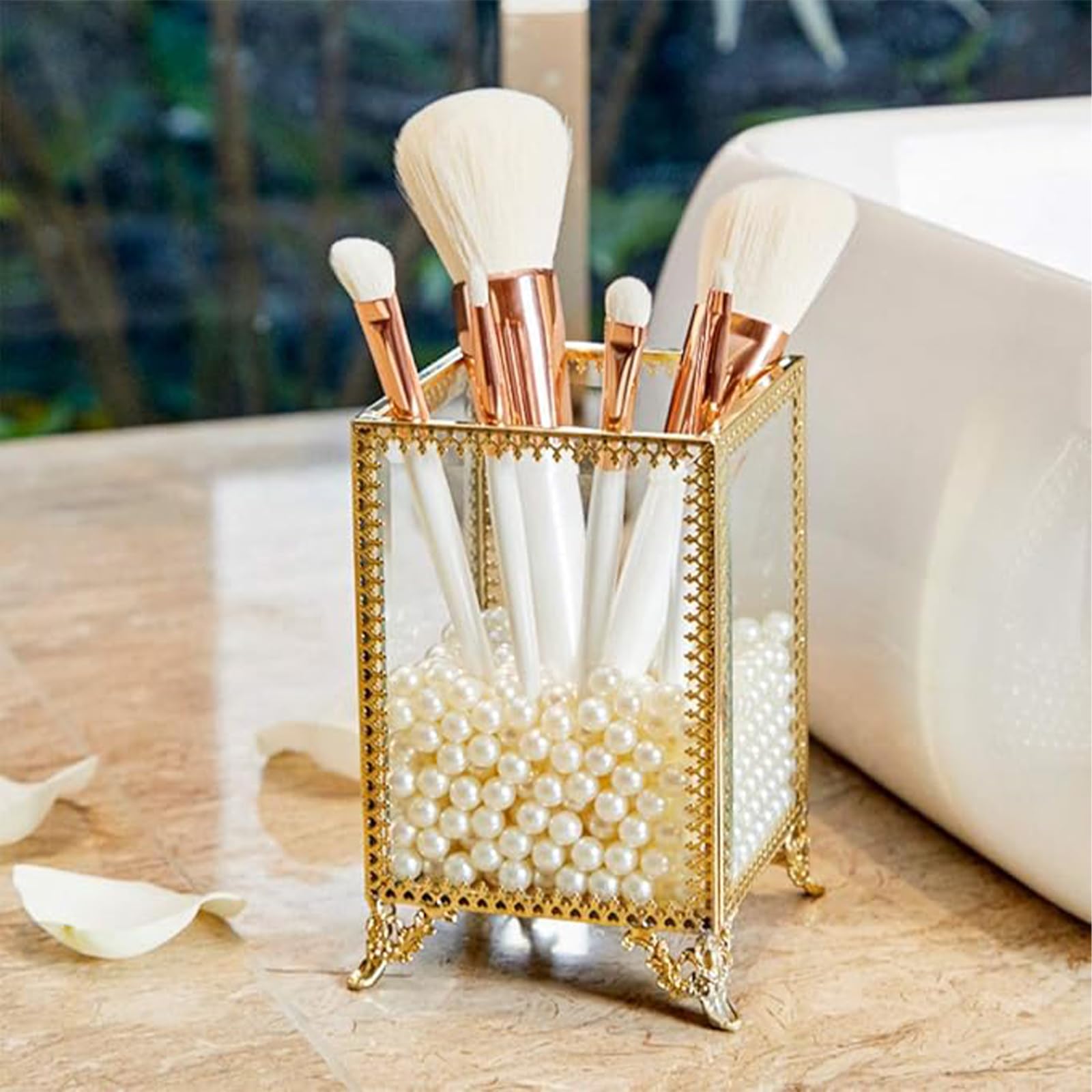 PuTwo Vintage Makeup Brush Holder Glass and Brass Organizer Handmade Cosmetic Brush Storage with White Pearls for Dresser Vanity