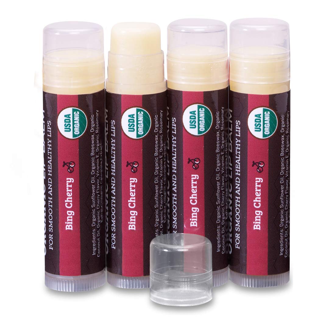 USDA Organic Lip Balm 4-Pack by Earth's Daughter - Cherry Flavor, Beeswax, Coconut Oil, Vitamin E - Best Lip Repair Chapstick fo