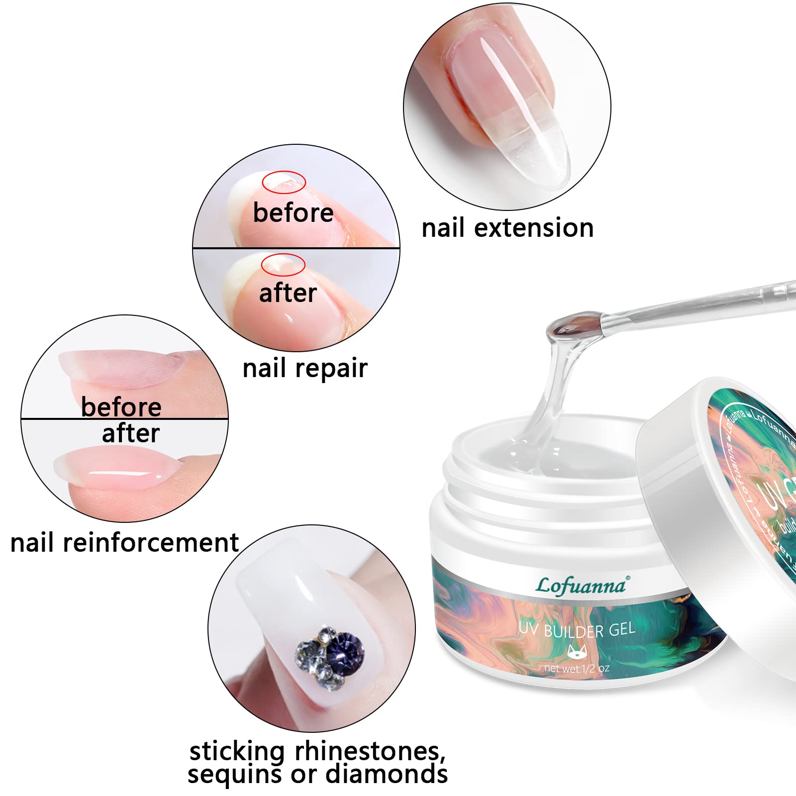 Builder Gel Lofuanna 2PCS LED/UV Clear Gel Builder For Nails Self-Leveling Formula Builder Gel with Nail Art Brush Nail File for