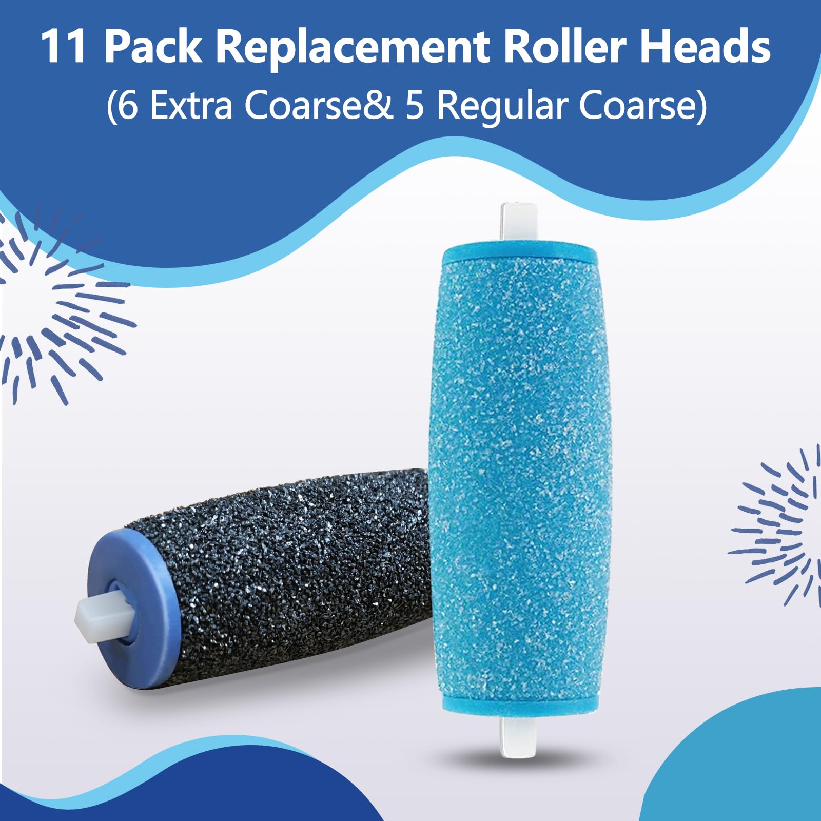 ZABOUL 11 Pack Replacement Roller Heads for Amope Pedi Perfect - 6 Extra Coarse & 5 Regular Coarse, Black+Blue, Model XJQ-F10