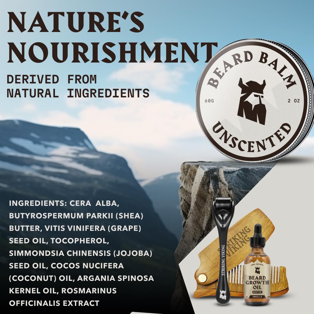 Striking Viking Unscented Beard Balm - Styles, Strengthens & Softens Beards And Mustaches - 100% Natural Beard Conditioner With
