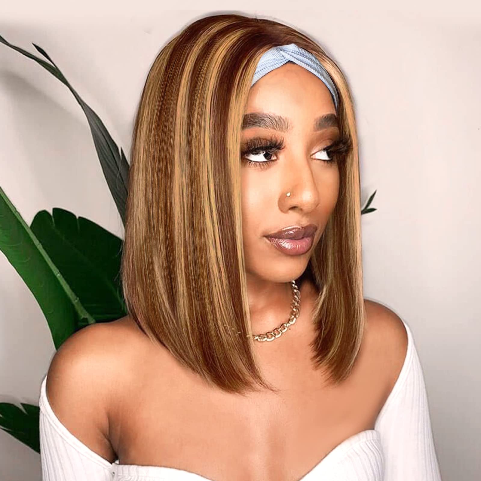 AISI Bob headband wigs human hair Short Straight Ombre Highlight Human Hair Wigs for Black Women 150% Density Brazilian Glueless