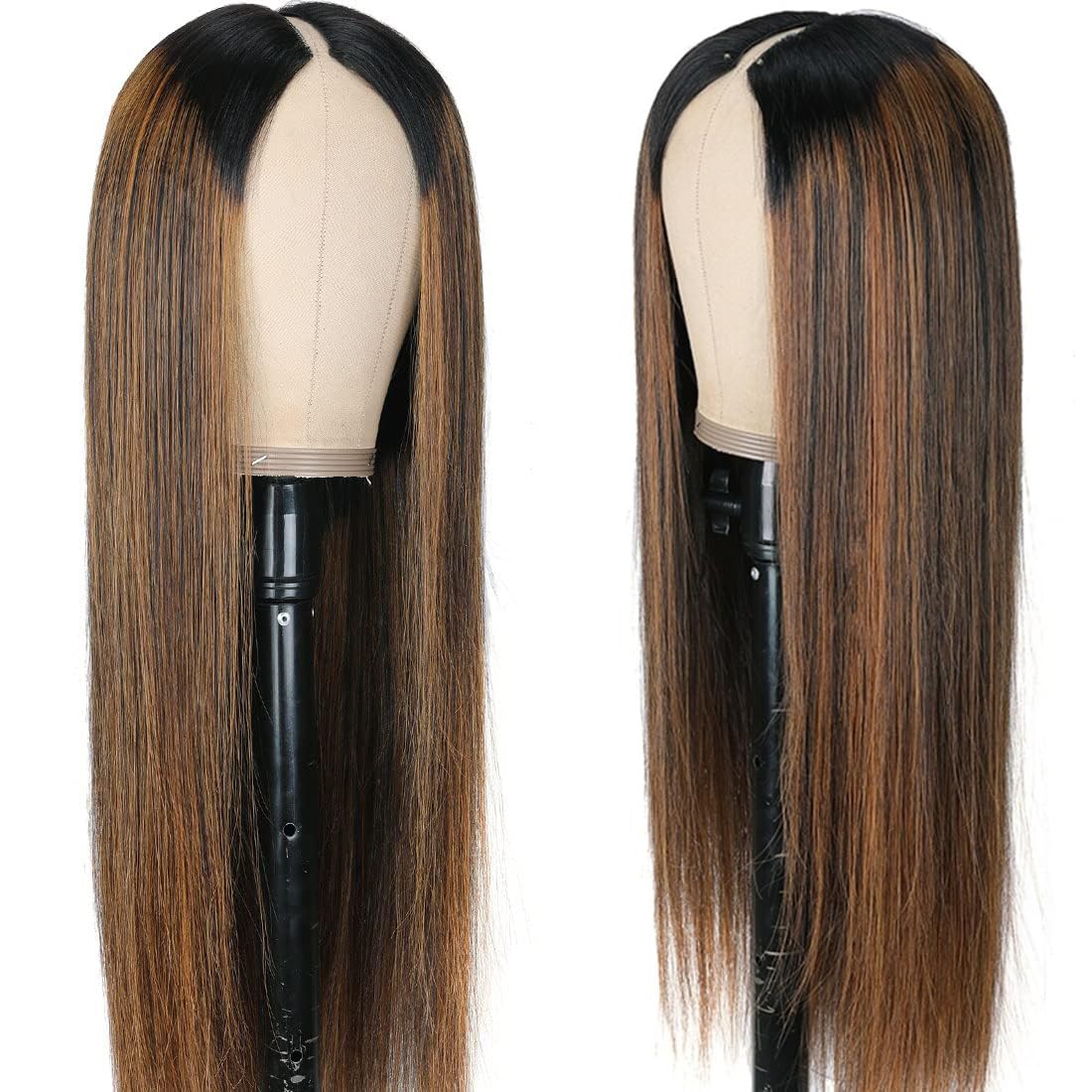 Pobokix Highlight Ombre V Part Wigs Human Hair Straight Brazilian Virgin Human Hair Wigs Balayage Blonde Upgrade U Part Wigs 180