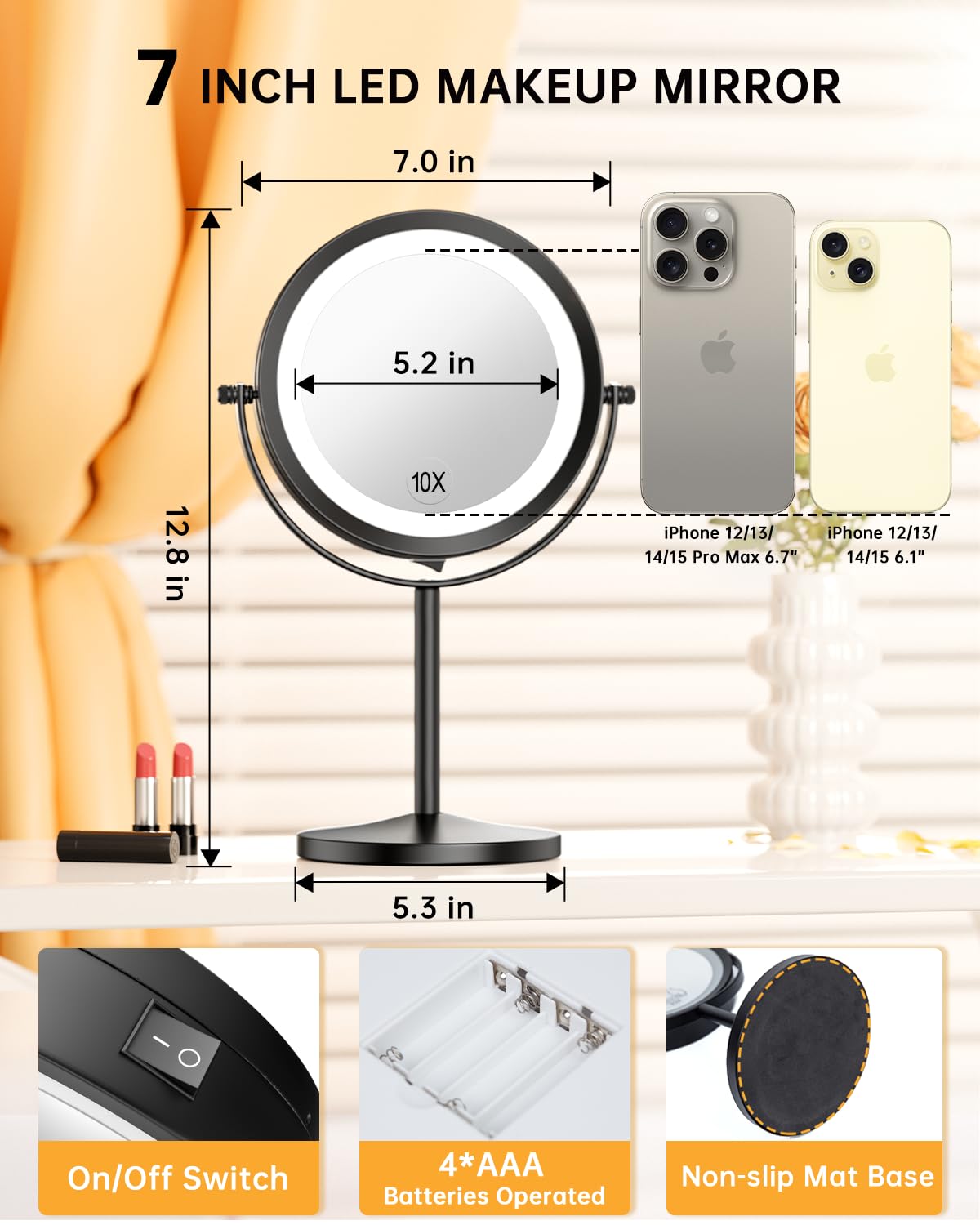 Gospire Lighted Makeup Mirror, 1X/10X Magnifying Led Vanity Mirror, 7'' Standing Cosmetic Mirror Battery Operated Cordless Porta