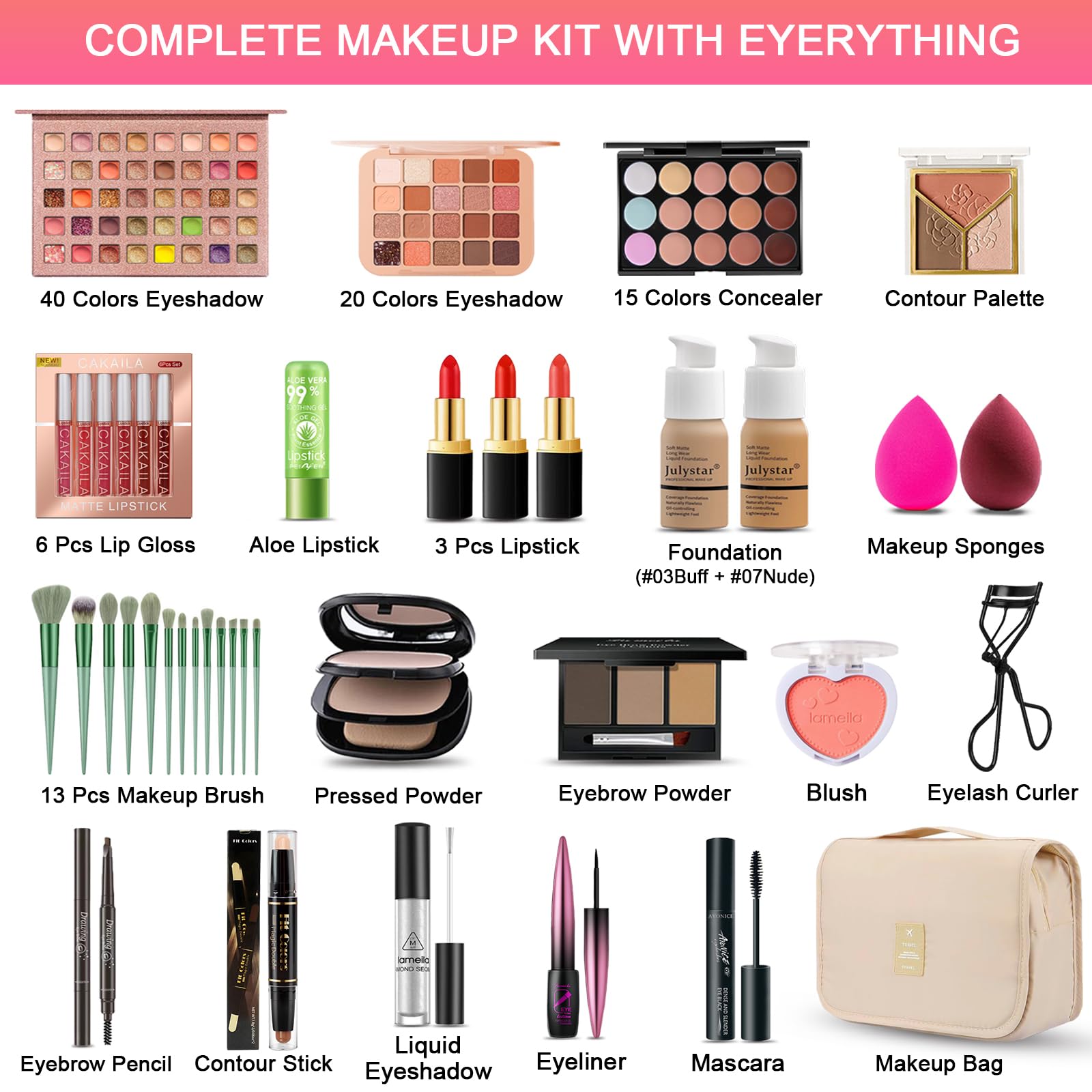SHELAKIN All in One Makeup Kit for Women - Professional Travel Set, Includes Foundation, Eyeshadow, Lipstick, Brow Pencil, Beige/Nude