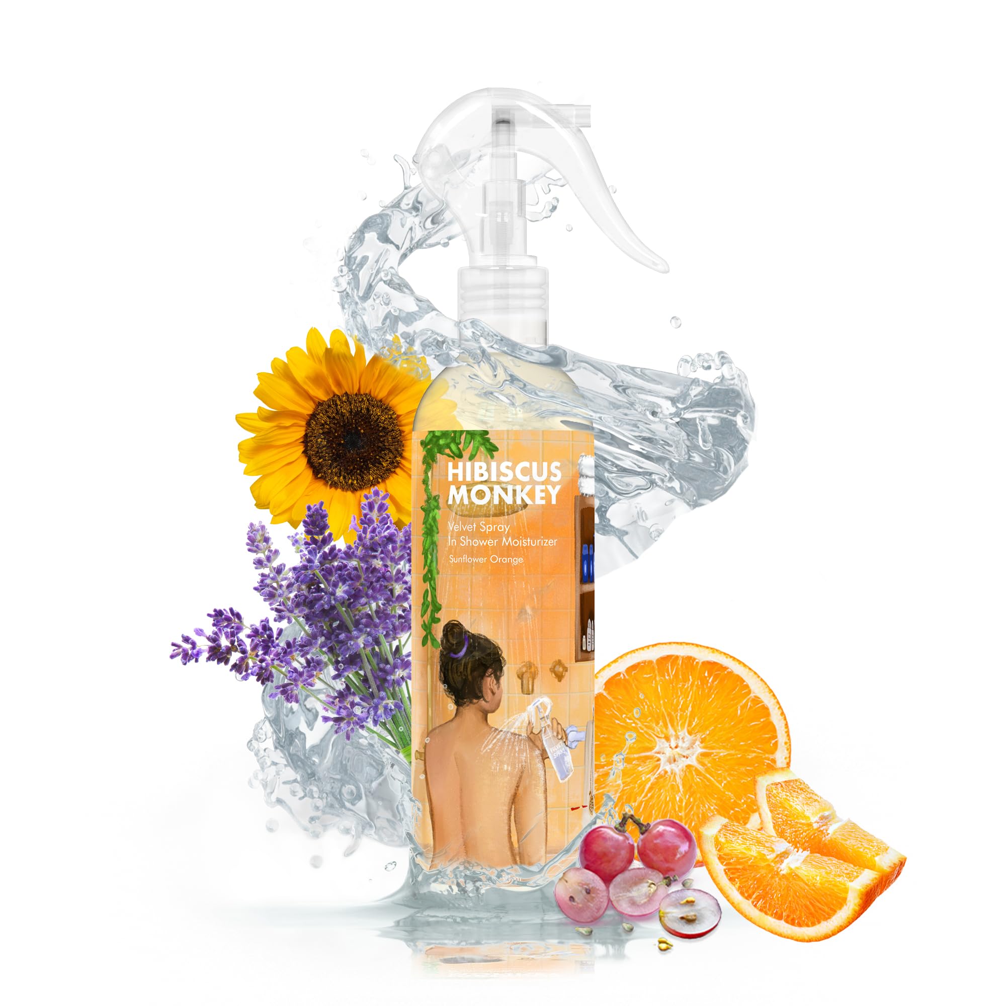 Hibiscus Monkey Velvet Spray Orange In-Shower Body Moisturizer | Soothe Dry Itchy Skin, Enhance Natural Glow, Reduce Sun Damage 