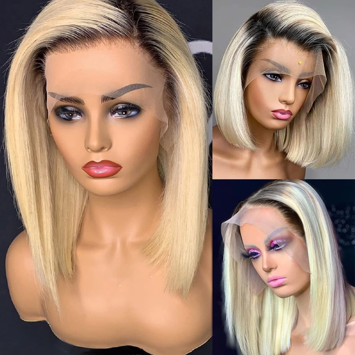 Munx Glueless Bob Wig Human Hair for Black Women 13x4 HD Frontal Lace Wig 180% Density Ombre Dark Roots Blonde Pre Plucked Lace 