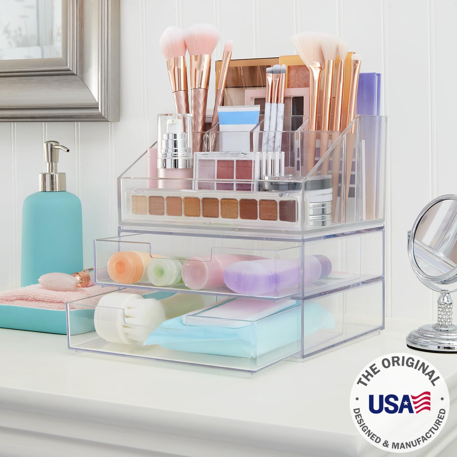 Stori Chloe Stackable Clear Makeup Holder And Double Organizer Drawer Set  Organize Cosmetics And Beauty Supplies  Made In Usa