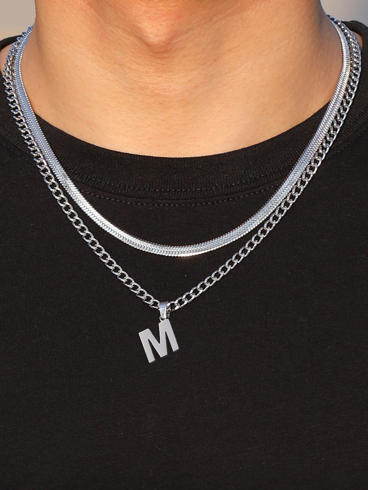 P.BLAKE Layered Initial Z Pendant Necklace for Men, Stainless Steel Letter Cuban Link Herringbone Chain Jewelry Collar Cadenas P