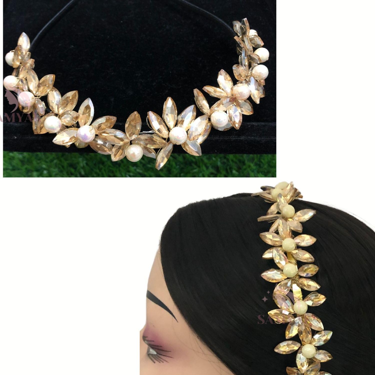 Samyak Studded Metal Hairband Fancy Hairstyle For Women & Girls Trendy Party Headband Hair Accessories (Gold, Medium)
