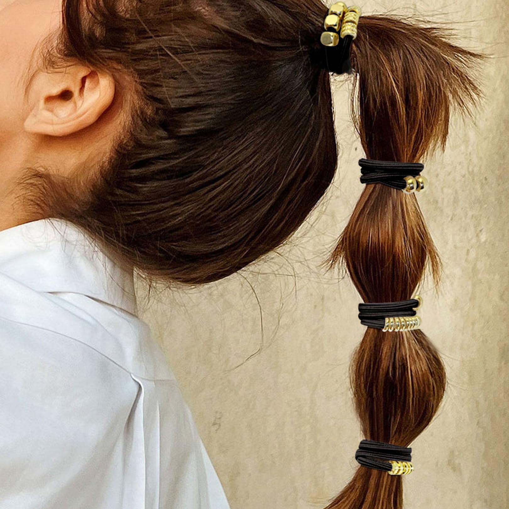 Black Boho Hair Ties Bracelets for Women, Cute Elastic Pony Tails Hair Ties No Damage Beaded Hair Accessories for Girls Decorati