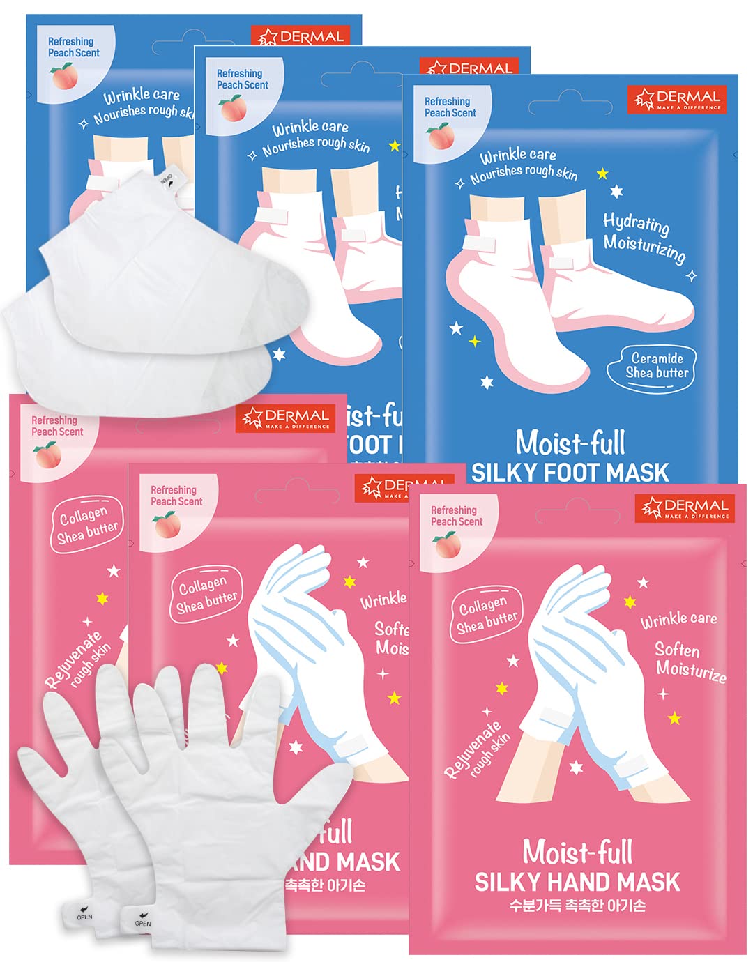 Dermal Moistfull Silky Foot Socks & Hand Gloves Mask Combo 6 Pack - For Dry Feet And Hands - Home Spa Treatment - Dermatologist
