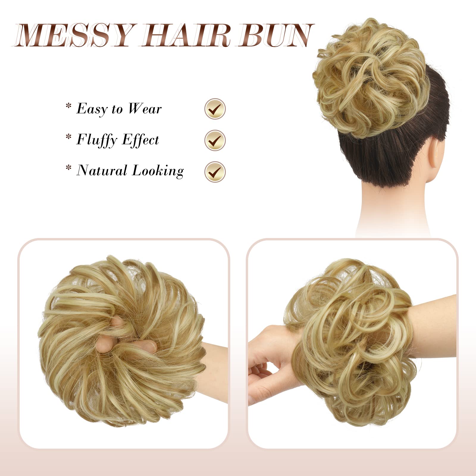 Feshfen Messy Bun Hair Piece Curly Wavy Large Hair Bun Scrunchies Extensions Honey Blonde & Bleach Blonde Synthetic Tousled Updo