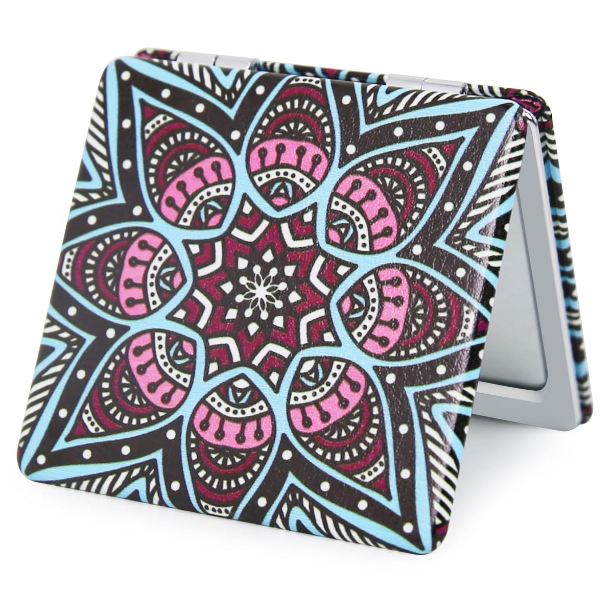 Pdozv Pocket Mirror For Women, Square 2.8    Metal Frame Pu Ethnic Style Double Sided Mini Magnifying 1X/3X Mirror For Purse Com