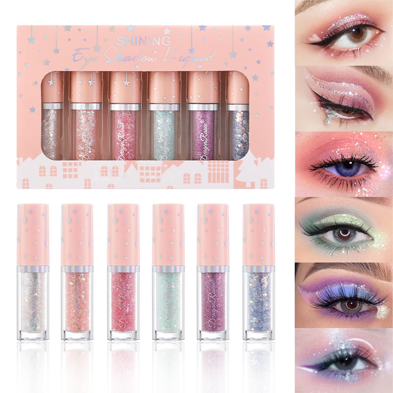 6Pcs Liquid Glitter Eyeshadow Eyeliner, Korean Makeup Glitter Shimmery Shinning Eye Liner Long Lasting Quick Drying Pigmented Lo