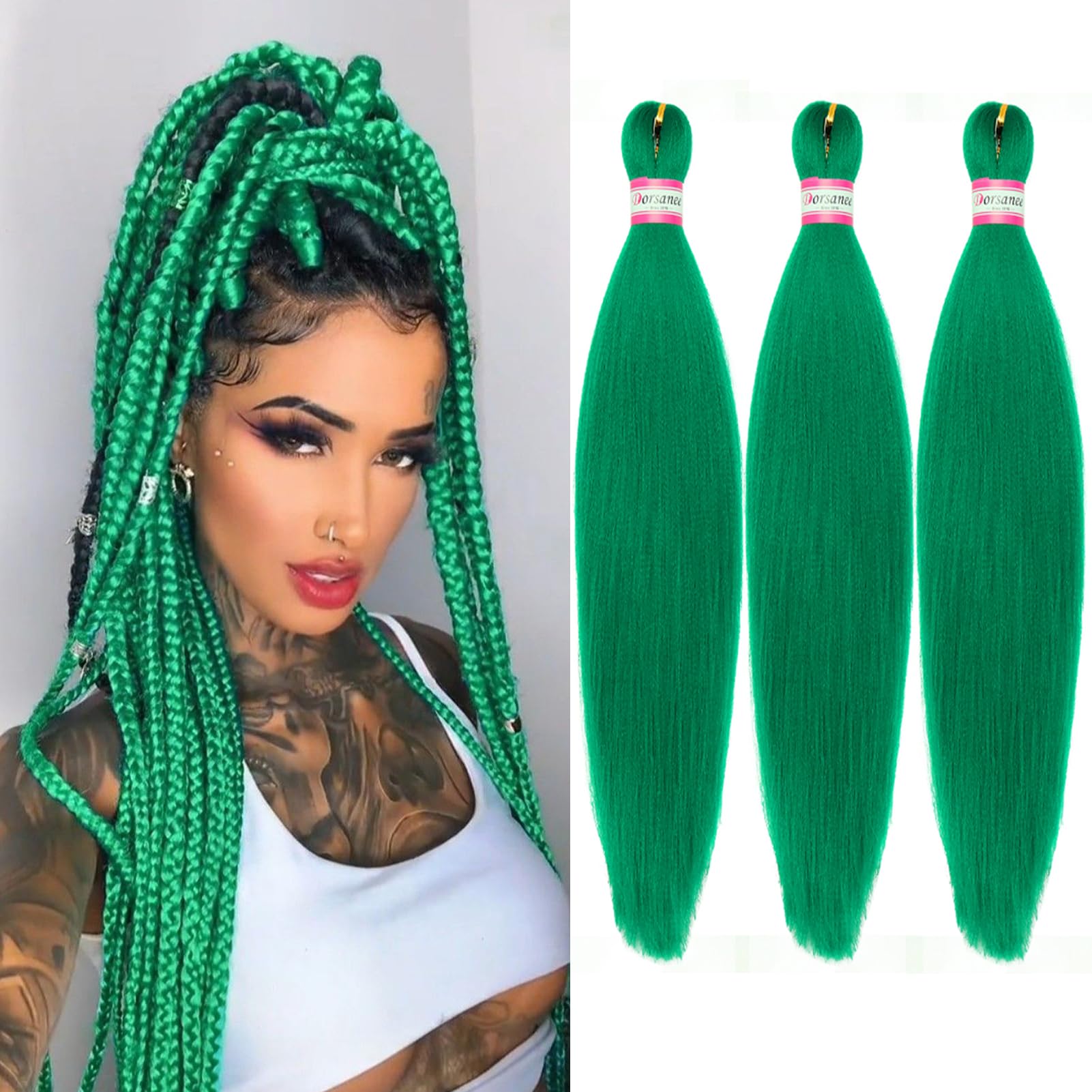 Dorsanee Green Braiding Hair Pre Stretched 20 Inch 3 Packs Professional Easy Braiding Hair For Crochet Braids Twists Locs Hair S