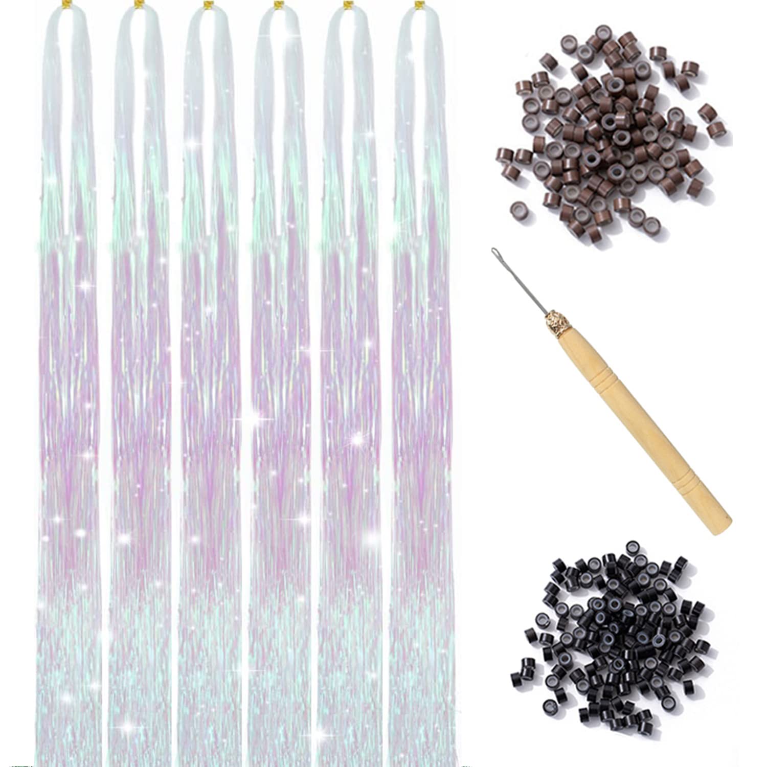 White Pink Hair Tinsel Kit with Tool 6pcs 1200 Strands Glitter Tinsel Hair Extensions Heat Resistant Sparkling Shiny Fairy Hair 
