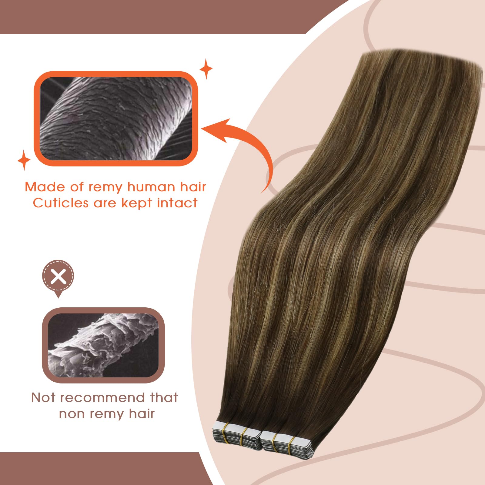 Sunny Hair Tape in Hair Extensions Real Human Hair Invisible Remy Hair Extensions Tape ins for Women Dark Brown Ombre Caramel Bl