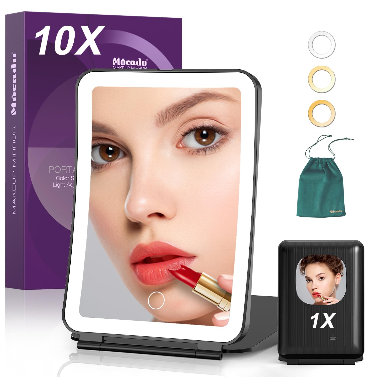 Mocado Travel Makeup Mirror with Light, 1x/10x Magnifying Mirror with Light, 3 Colors Lighted Magnifying Mirror, 2000mAh Recharg