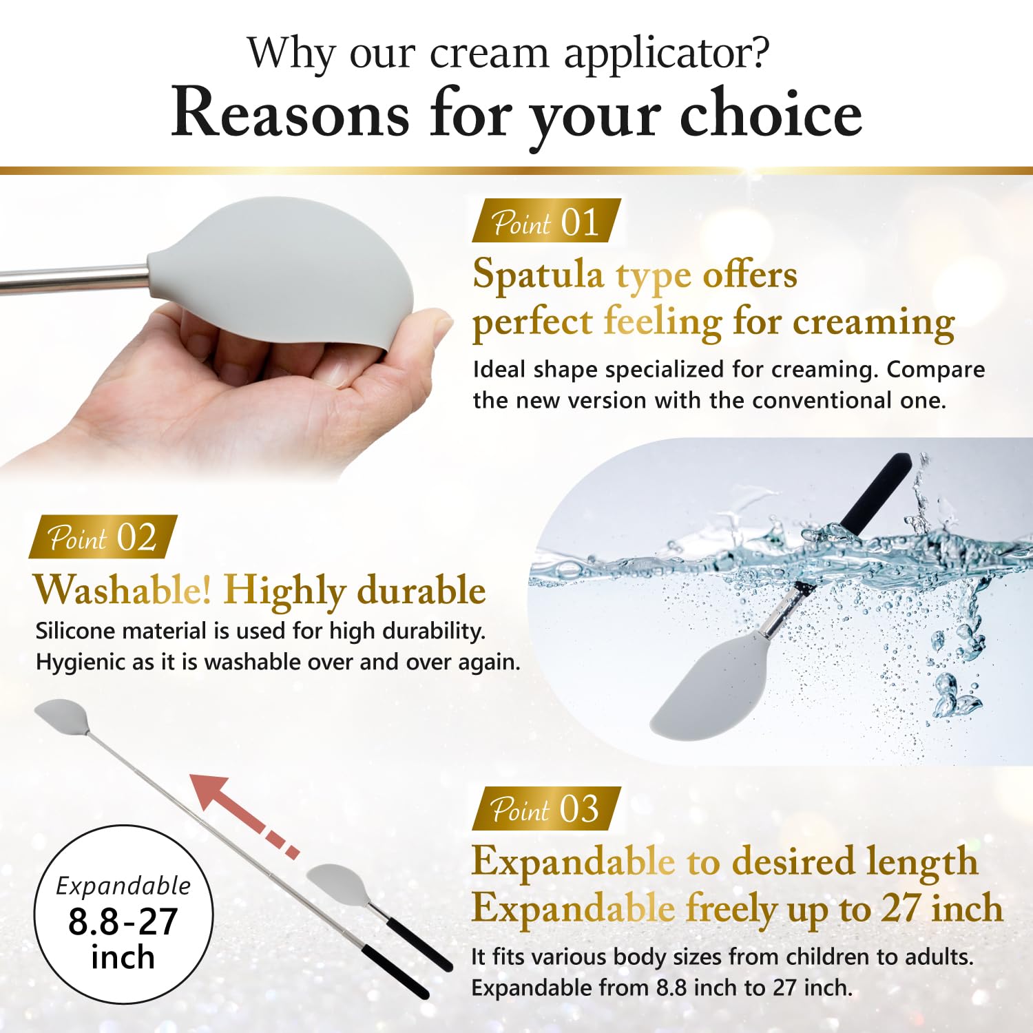 FieldSora Cream Applicator for Back - Telescopic, Easy to Clean, Gray, Silicone