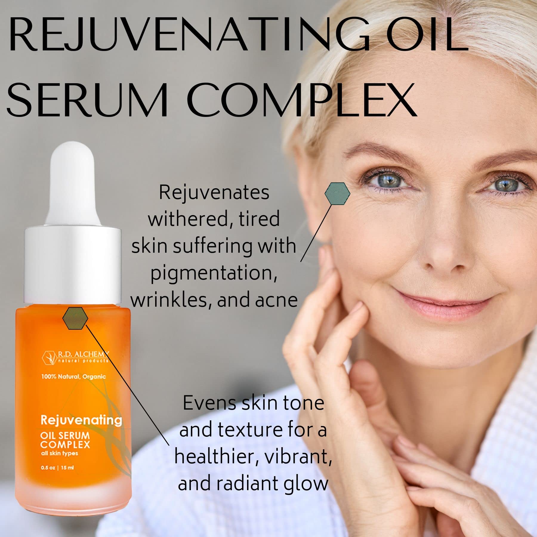 RD Alchemy - 100% Natural & Organic Rejuvenating Oil Serum for glowing skin - Argan, Jojoba, Rosehip, Retinol, & CoQ10 diminishe