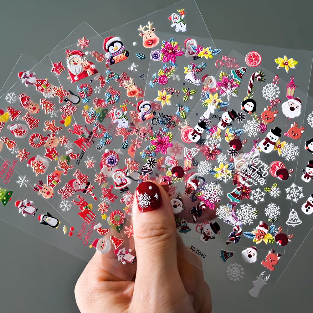 Christmas Nail Art Stickers 5D Embossed Snowman Snowflakes Nail Stickers Santa Claus Elk Winter Design Self-Adhesive Xmas Nail D