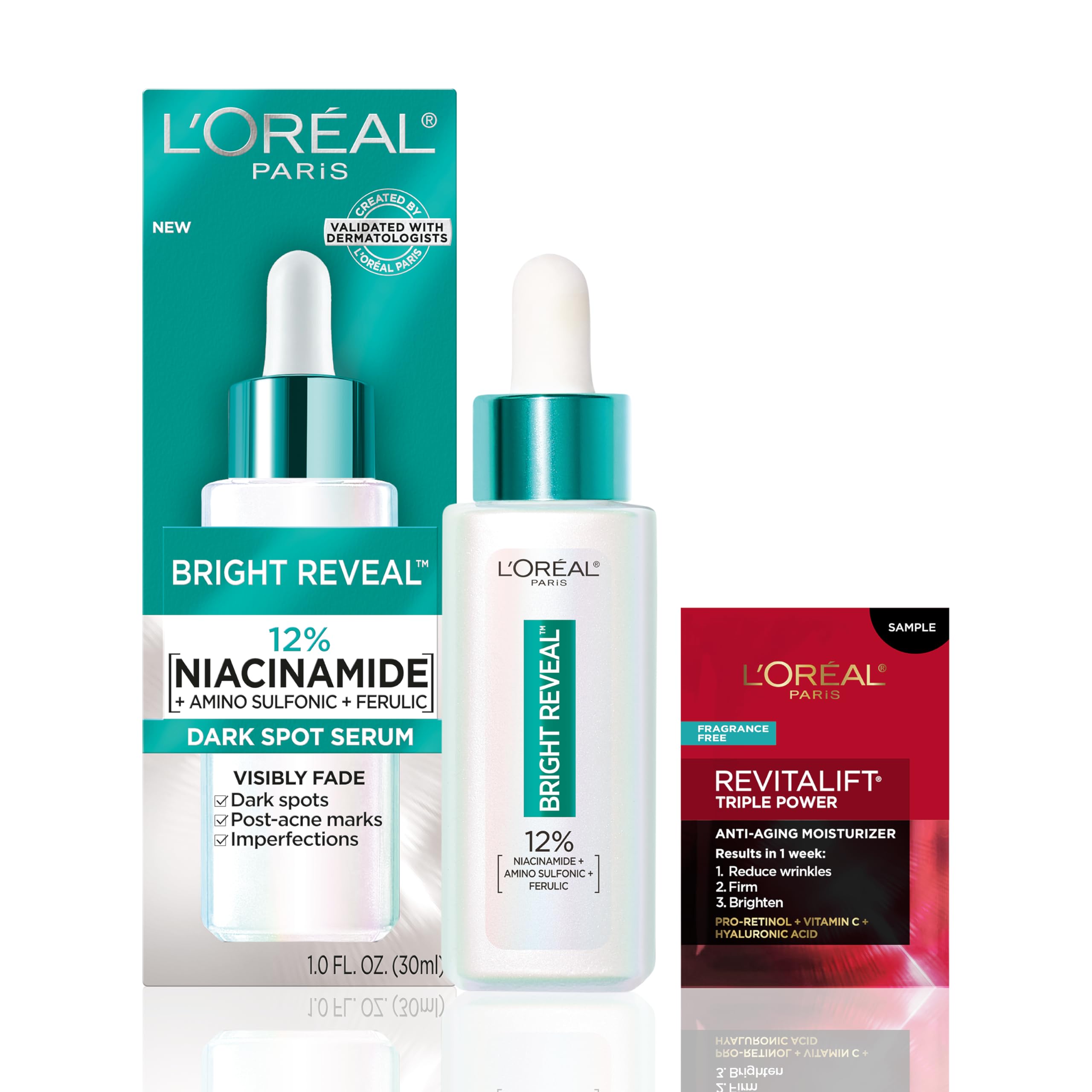 LOr  al Paris Bright Reveal 12% [Niacinamide + Amino Sulfonic + Ferulic] Dark Spot Serum 1oz + Moisturizer Sample