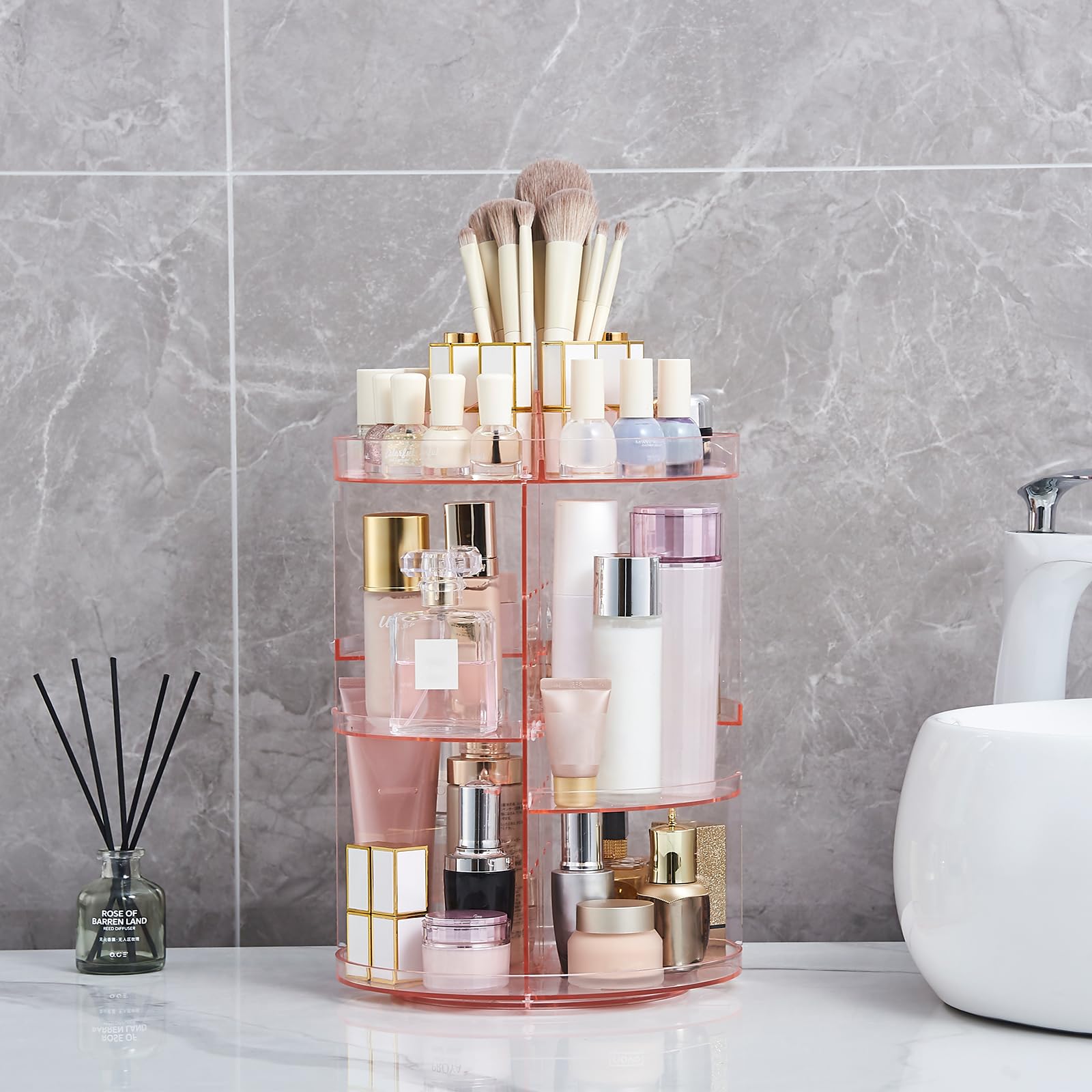 SUNFICON Rotating Makeup Holder Organizer Crystal Pink 360 Rotation Cosmetic Storage Holder Turntable Spin Display Stand Bathroo