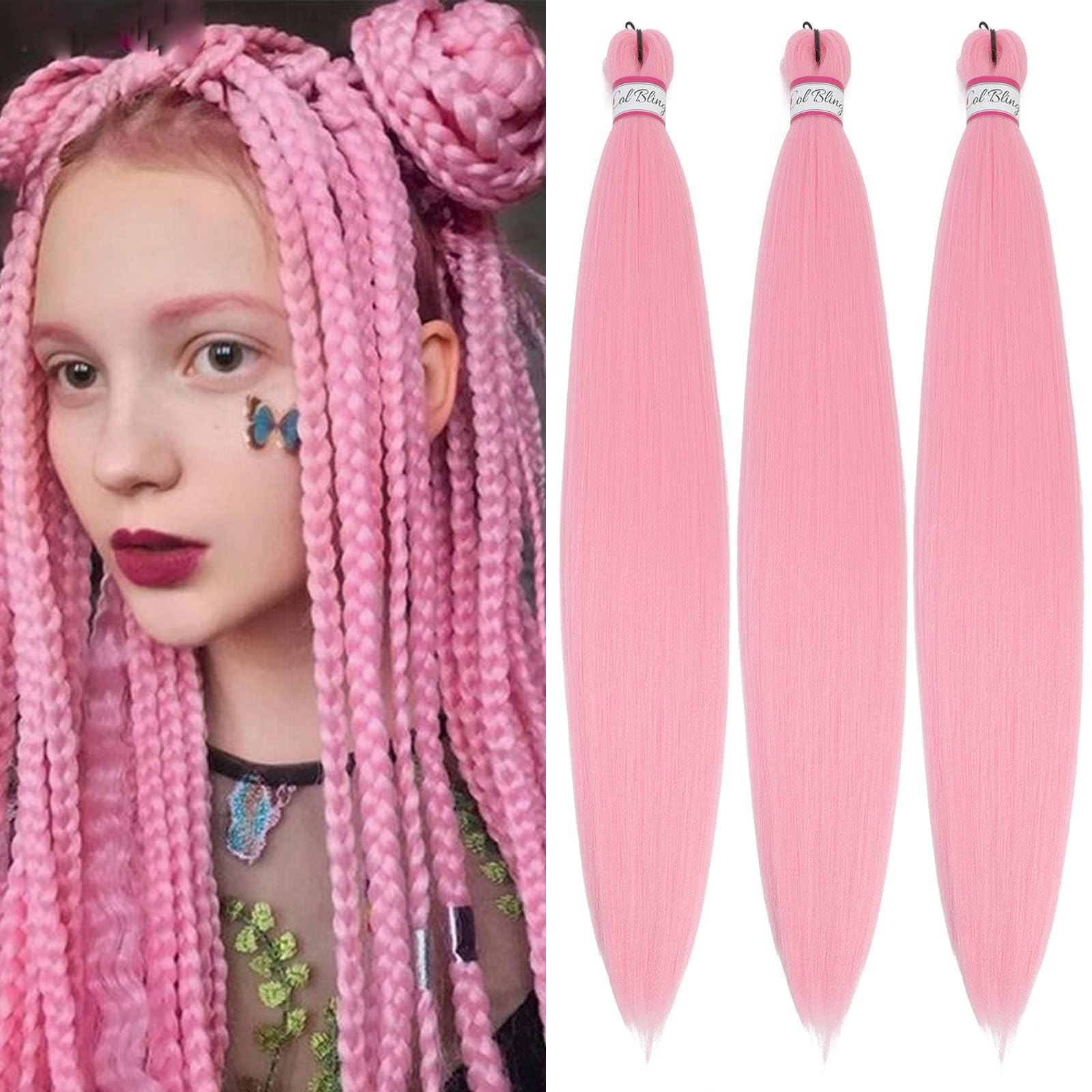 Col Bling Pink Braiding Hair Pre Stretched - 28 Inch 3 Pack Long Braid Hair Extensions for Women Box Braids Hair Yaki Texture Pr
