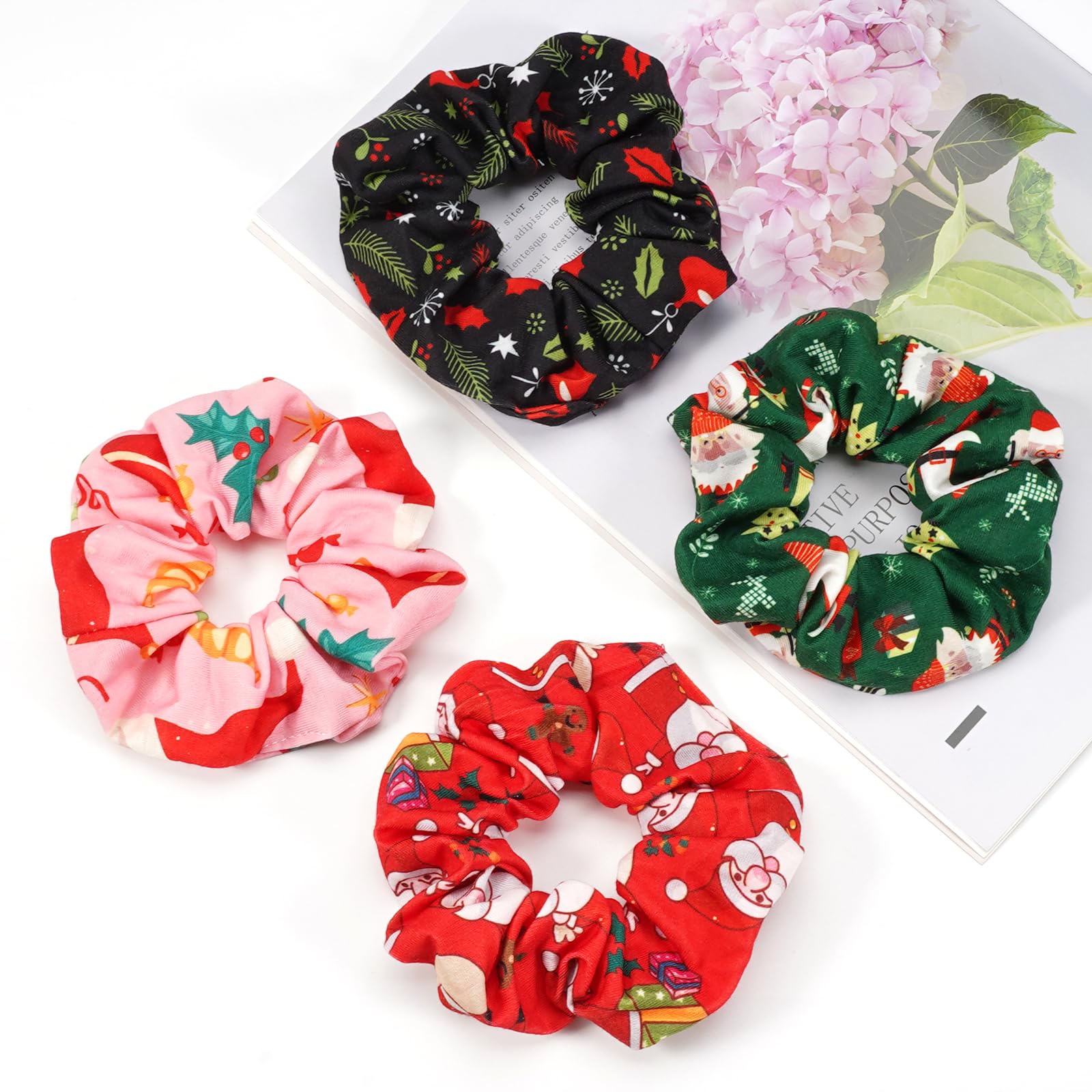 Christmas Hair Scrunchies for Women Girls Green Pink Santa Claus Snowman Bell Snowflake Hair Ties Xmas Cute Elastic Scrunchy Pon