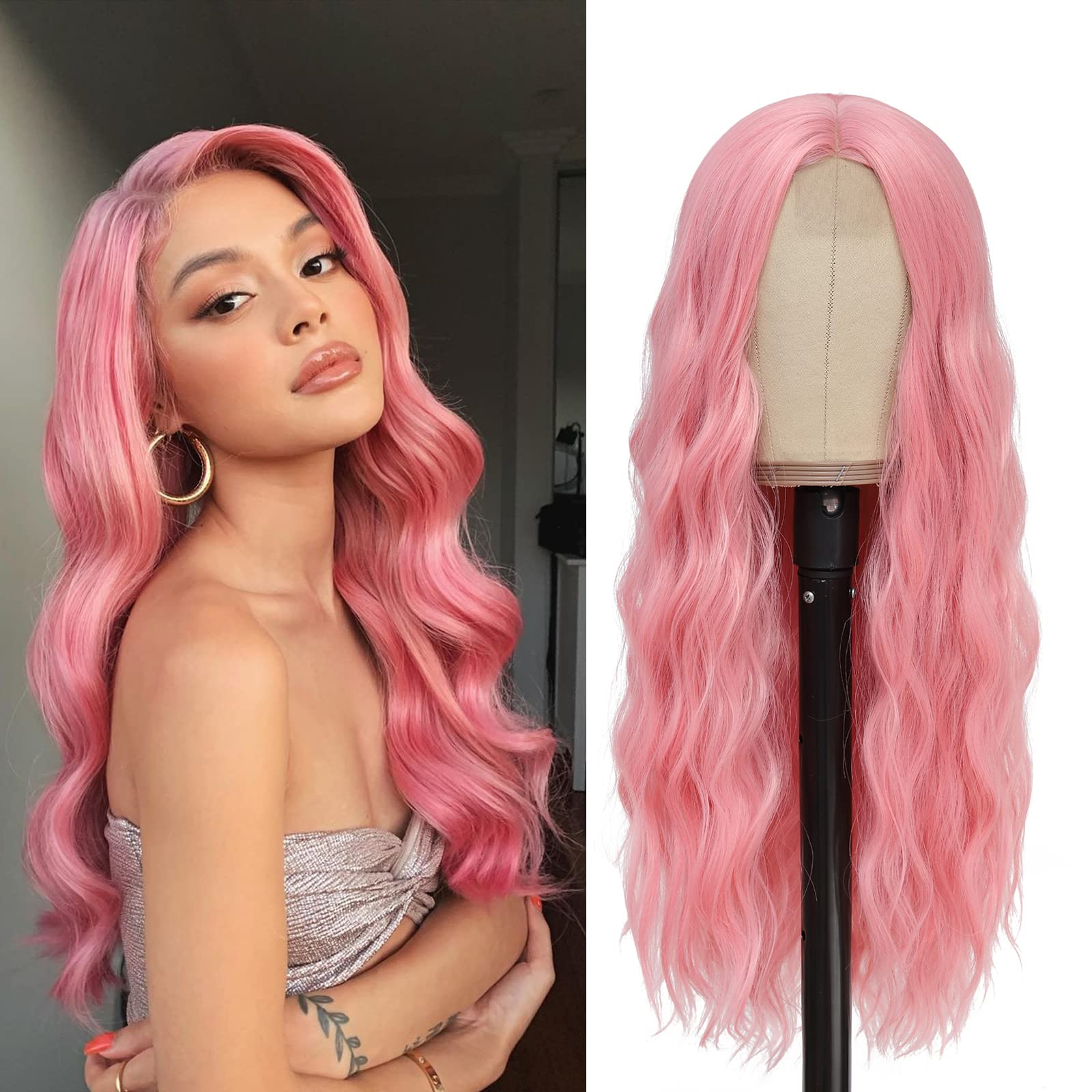 YBYMCAI Pink Wig - Long Pink Wavy Wigs for Women Middle Part Pastel Pink Wig 26 inch Natural Curly Synthetic Wig Heat Resistant 