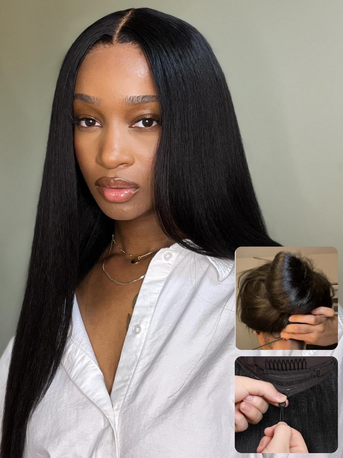 Nadula Bye Bye Knots Yaki Straight Glueless Wig Human Hair with Elastic Drawstring Pre Cut 7x5 Invisible Knots HD Lace Front Put