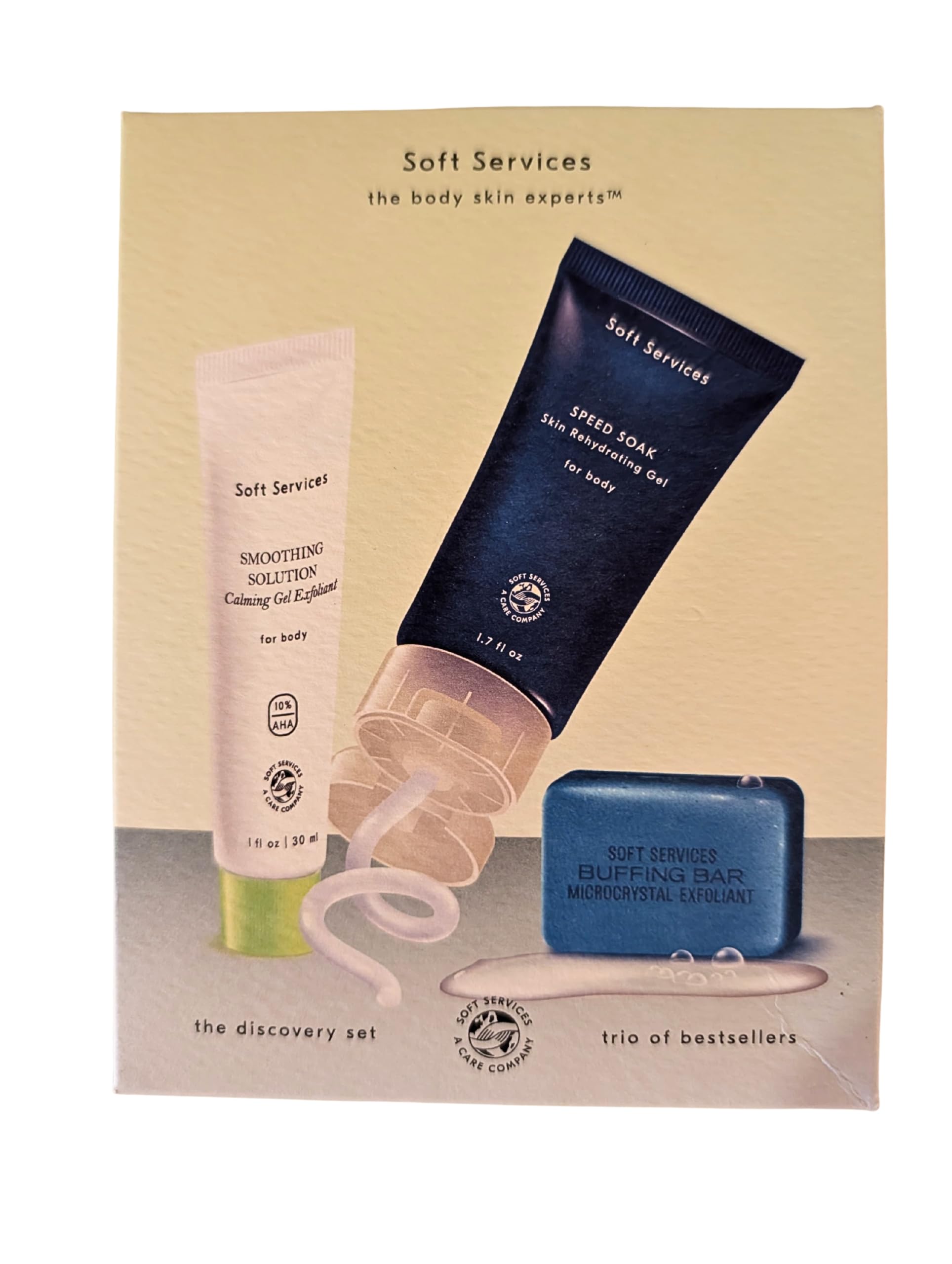 Soft Services Bestsellers Discovery Set  3Piece Body Care Kit with Smoothing Solution (1 fl. oz), Speed Soak Rehydrating Gel (