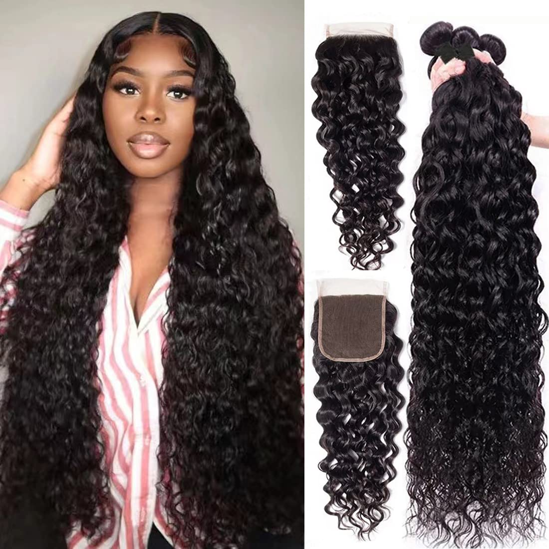 Water Wave Bundles With Closure Human Hair(20 22 24 26+18,Free Part)10A Brazilian Virgin Hair Bundles And Closure 100% Unprocess