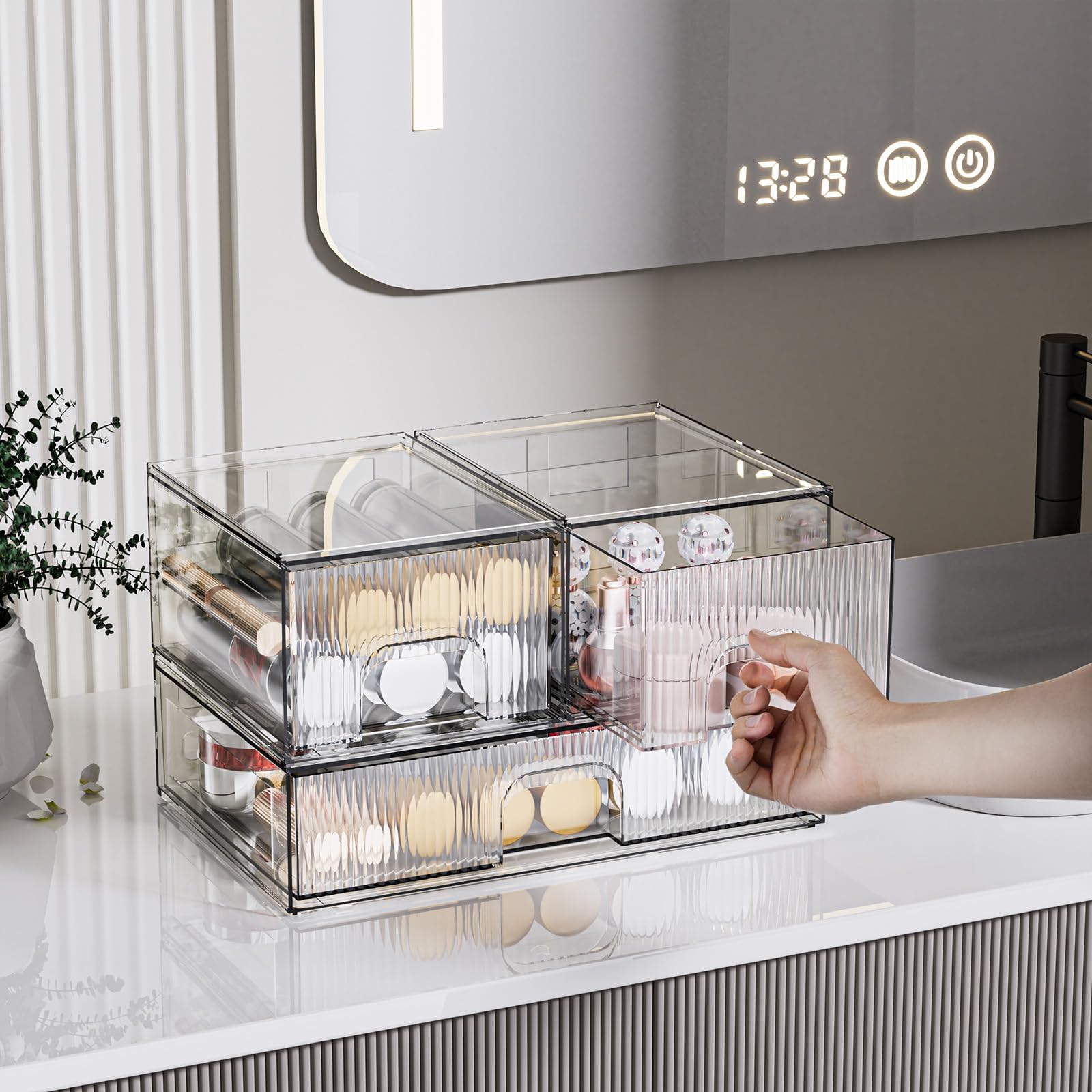 ZHIAI 3 Pack Clear Stackable Cosmetic Organizer with Acrylic Drawers for Cosmetics and Small Items for Dresser, Vanity, Kitchen